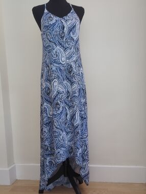 Cynthia Rowley Navy Blue White Paisley High Low Asymmetrical Tank Maxi Dress MED